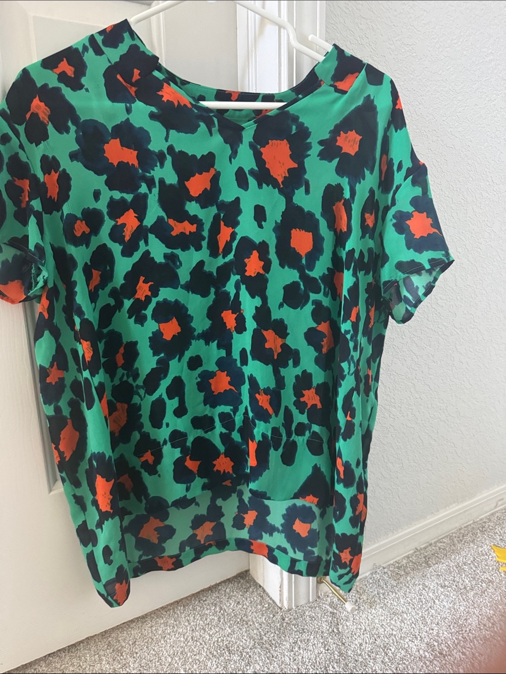 CAbi Emerald Green Short-Sleeve Leopard Print Blouse with Black and Orange Spots